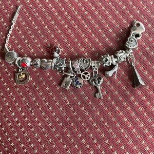 Pandora Silver Charm Bracelet with Heart, Key and Shoe Charms